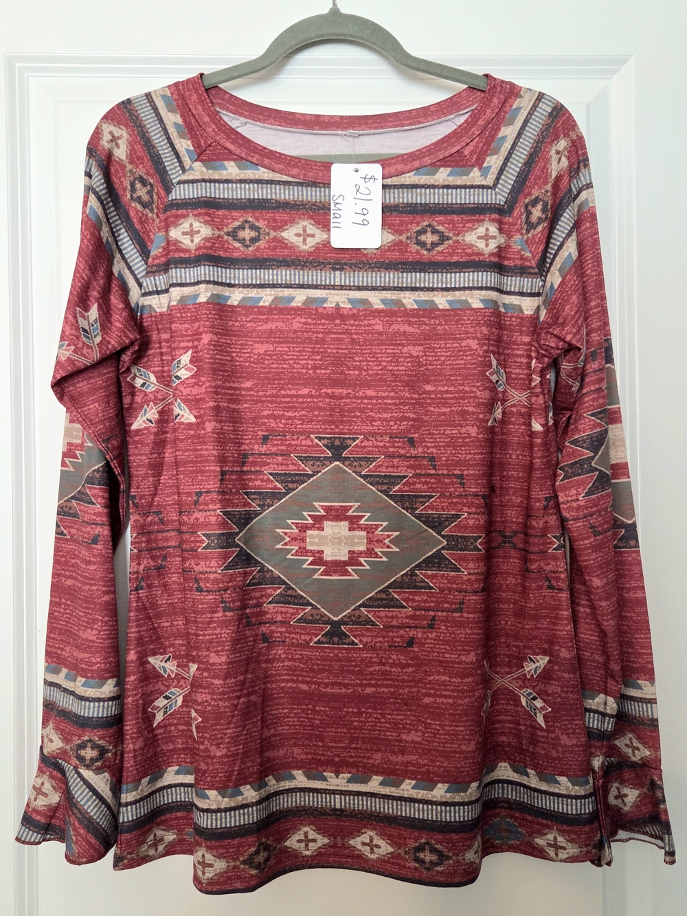 New Women’s Red Aztec-Print Long Sleeve Top Western Boho